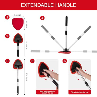Qydipclin 7pcs Windshield Cleaner Tool Car Window Cleaning Wash Kit with 4 Reusable Microfiber Pads 1 Spray Bottle and Extendable Handle Auto Glass Wiper Kit, Red - color: Red