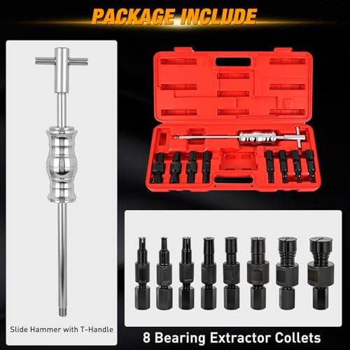 GOOACC 9PCS Blind Inner Bearing Puller Set, Slide Hammer with Expandable Collets 8-32MM Blind Hole Collet Bearing Slide Hammer Puller Set Internal Pilot Bearing Removal Tool for Axles Bearings, Red - color: 9pc Blind Inner Bearing Puller Red