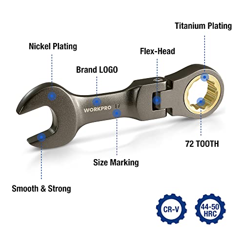 WORKPRO 8 Piece Flex Head Stubby Ratcheting Wrench Set, Metric 9-17mm | 72-tooth CR-V Wrenches with Nickel-plated Finish for Automotive, Garage and Home Repairs, Includes Rolling Pouch - size: Metric, style: Nickel-plated