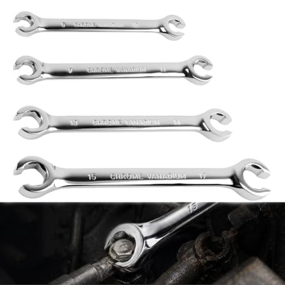 Car Brake Line Wrench Set,Rustproof Offset Flare Nut Wrench Set (8x10/9x11/13x14/15x17mm) for Detaching Nuts,Metric Flare Wrenches Sets for Brake Caliper & Line Repair