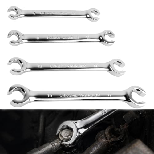 Car Brake Line Wrench Set,Rustproof Offset Flare Nut Wrench Set (8x10/9x11/13x14/15x17mm) for Detaching Nuts,Metric Flare Wrenches Sets for Brake Caliper & Line Repair