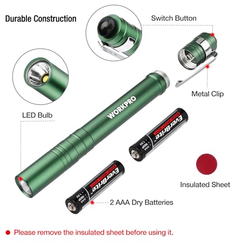 WORKPRO LED Pen Light, Aluminum Pen Flashlights, Pocket Flashlight with Clip for Inspection, Emergency, Everyday, 2AAA Batteries Include, Green(4-Pack) - color: Green
