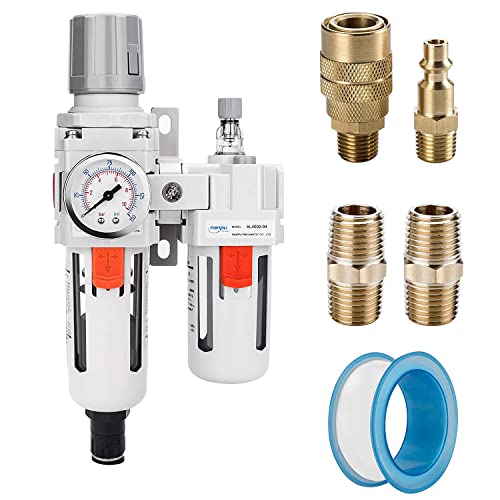 NANPU 1/2" NPT Air Filter Regulator Lubricator Combo, Water Separator | 5-micron brass filter, 0-150 psi gauge, poly bowl, auto drain, 60 SCFM, helps protect tools from moisture and debris - size: 1/2" NPT, style: Auto Drain, Metal Coupler & Plug