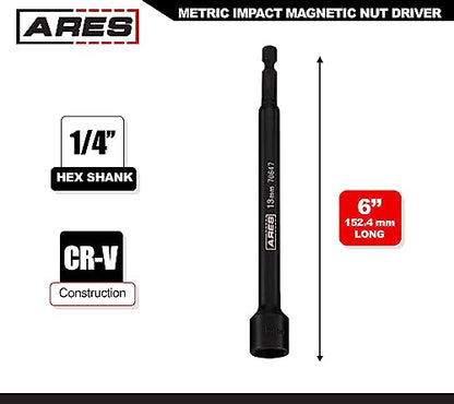 ARES 70647 13mm Magnetic Impact Nut Driver | Impact Grade Nut Setter with Industrial Strength Magnet - size: 13mm Magnetic Impact Nut Driver