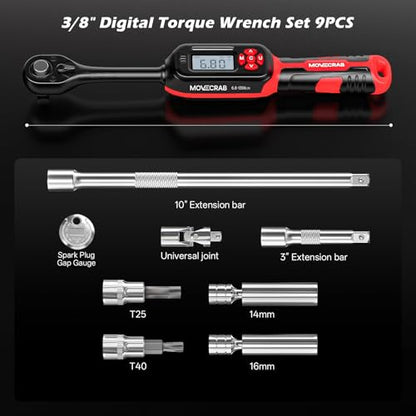 3/8" Digital Torque Wrench With Spark Plug Socket, 5-99.6 Ft.lb | ±2% Accuracy, Bright LED Display, Smart Triple Alert System, Peak & Track Modes, Preset Memory & Multi-Application - size: 3/8" 9pcs-Spark 6.8-135N.m/5-99.6Ft.lb