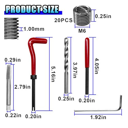 25PCS M6 x 1.0 Thread Repair Kit, Metric Helicoil Insert Set with HSS Drill Bit Tap and Break-Off Tool, Stainless Steel Rethreading Kit Compatible Hand Tool Set for Damaged Threads Auto Repair (M6) - size: M6