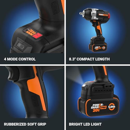 WORX 20V 1/2" Cordless Impact Wrench, WX276L | 1400 FT-LBS Breakaway Force, Brushless Motor, Constant Power System, Auto Stop Mode, Battery & Charger Included - style: 20V Cordless Brushless High Torque Impact Wrench(Battery Pack & Charger & Carry Bag)