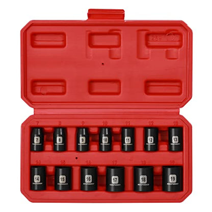 MIXPOWER 13 Pieces 3/8-Inch Drive Shallow Impact Socket Set, 7mm to 19mm, CR-V, Metric, 6 Point, Shallow, 13 Pieces 3/8" Dr. Socket - size: 9/32" - 3/4" (Shallow)