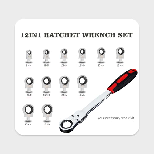 Flex Head Ratcheting Wrench set, 12 in 1 Exchangeable Ratchet Set, 8-19mm Metric & SAE Combination Wrench Set for Auto, Mechanic Flexible Wrench Kit, Auto Repair Tools for Men