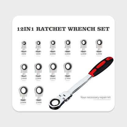 Flex Head Ratcheting Wrench set, 12 in 1 Exchangeable Ratchet Set, 8-19mm Metric & SAE Combination Wrench Set for Auto, Mechanic Flexible Wrench Kit, Auto Repair Tools for Men