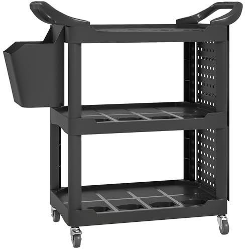 HOMCOM 3 Tier Utility Cart on Wheels with Pegboards, Black | Rolling Tool Storage, Bucket, 200 LBS Load Capacity, Plastic Service Cart, Garage, Warehouse, Workshop - color: Black, size: 39" W x 16.9" D x 38.2" H