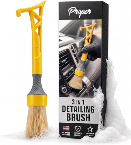 Boars Hair Detailing Brush, 3 in 1 Patent Pending in House Design from Proper. Detail Automotive Interior or Exterior, get Professional Results with Proper Detail Brushes Car Detailing - color: Yellow - Boars Hoar