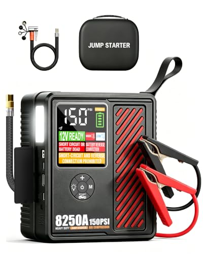 JFEGWO 8250A Jump Starter with 150PSI Air Compressor, 12V Car Battery Booster, 24000mAh Portable Tire Inflator for 12L Gas/10L Diesel, LED Display, LED Light, Storage Case, Jumper Cables