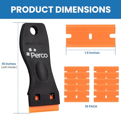 Perco Plastic Razor Blade Scraper with 10 Extra Plastic Blades – No-Scratch Adhesive & Sticker Remover Tool for Labels, Decals & Glue Residue – Safe Scraper for Glass, Windows & Car Surfaces - size: Scraper
