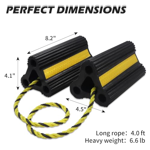 Wheel Chocks for Travel Trailers Camper RV Truck Car, Solid Rubber Sturdiness Heavy Duty Simple Easy to Use, Tires Chock Block Stopper with Nylon Rope Yellow Reflective Tape [8.2" 2pair/4pack] - size: 8.2" 2pair