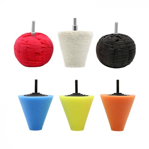 6PCS Polishing Cone, Car Wheel Hub Drill Buffing Polishing Kits, 2 Sponge Balls + 4 Sponge Cones, for Car Care, Chrome, Rims, Metal and Glass