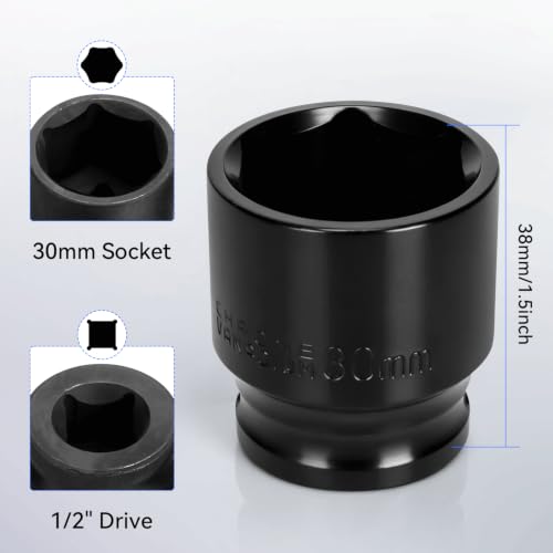 2PCS 30mm Impact Socket 1/2" Drive, 6 Point Metric Shallow Socket, CR-V Steel Heavy Duty Impact Wrench Socket for Automotive Repair - size: 30mm