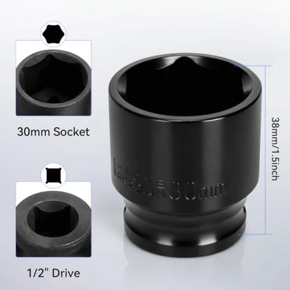 2PCS 30mm Impact Socket 1/2" Drive, 6 Point Metric Shallow Socket, CR-V Steel Heavy Duty Impact Wrench Socket for Automotive Repair - size: 30mm