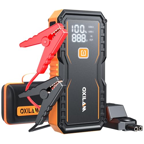 OXILAM Jump Starter 6000A for All Gas/12L Diesel, Car Battery Jumper Starter Portable, 12V Lithium Jump Box with Jumper Cables, LED Display, LED Light, Power Bank with USB, Type C Port - size: 6000A
