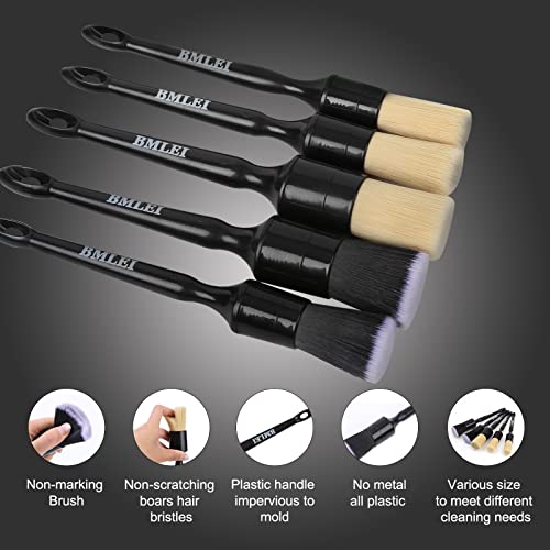 BMLEI 5pcs Car Detailing Brushes Set, Boars Hair Auto Car Detail Brush Kit | No Scratch, Ultra Soft Car Duster Brushes，Perfect for Interior, Exterior Cleaning, Wheels,Tires,Leather Seats