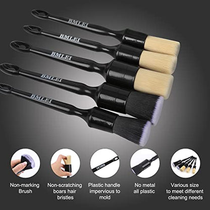 BMLEI 5pcs Car Detailing Brushes Set, Boars Hair Auto Car Detail Brush Kit | No Scratch, Ultra Soft Car Duster Brushes，Perfect for Interior, Exterior Cleaning, Wheels,Tires,Leather Seats