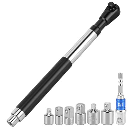 1/2 Inch Offset Extension Wrench Impact, Black | Strong Torsion Output Steel, 6 Sockets & 1 Adapter Rod, For Tight & Narrow Spaces - color: Black