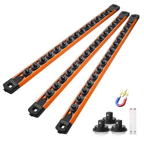 Reniteco Magnetic Socket Organizer Set, 3-Pack 1/4” Socket Rails | 42 Clips, Heavy-Duty Aluminum Alloy Rails, Removable 360° Swivel ABS Clips, Magnetic Base, Tool Box Drawer or Wall Mount - color: Orange, size: 1/4-Inch Drive,3pc