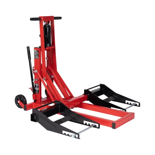 750lb Capacity, Adjustable Hydraulic Riding Lift Jack Heavy Duty Construction with Safety Lock for Tractors, ATVs and Zero Turn Lawn Mowers