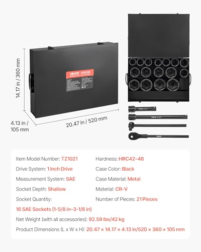VEVOR 1 in Drive Impact Socket Set, 21 Piece, 6 Point Shallow Impact Sockets, SAE (1-5/8 in to 3-1/8 in), with 8 in & 18 in Extension Bars, 24 in Ratchet, Cr-V Steel, Size Marking, and Carrying Case - style: 1" 21 PCS