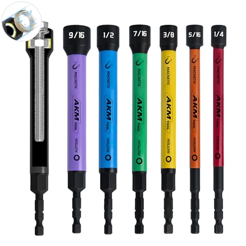 6 PCS Hollow Nut Driver Set, Magnetic nut driver set, Hollow Shaft Nut Driver Set, SAE, Color Coded, Hex Sizes, 1/4 to 9/16-Inch, Nut Setter, Hollow Nut Driver with 5-Inch Extended Reach - size: 6 PCS Hollow Magnetic Nut Driver Set