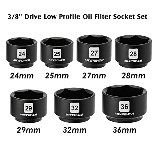MIXPOWER 7 Pieces 3/8" Drive Low Profile Oil Filter Socket Set, 24mm, 25mm, 27mm, 28mm, 29mm, 32mm, 36mm, Oil Filter Cap Remover and Installer Tool Set - size: 7-Piece