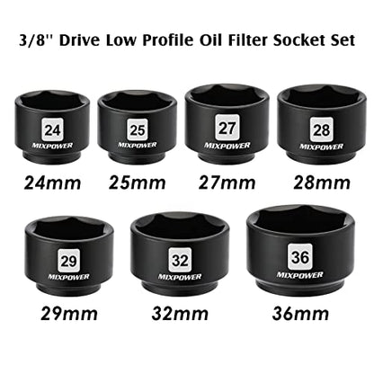 MIXPOWER 7 Pieces 3/8" Drive Low Profile Oil Filter Socket Set, 24mm, 25mm, 27mm, 28mm, 29mm, 32mm, 36mm, Oil Filter Cap Remover and Installer Tool Set - size: 7-Piece