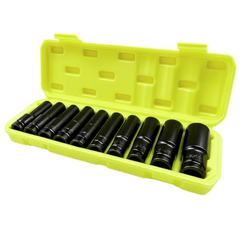 10PCS 1/2" Drive Deep Impact Socket Set, Cr-V Steel 6-Point Metric Car Wheel Lug Nut Removal Sockets Tool with 8-24mm Sizes, Universal Auto Repair Accessories for Most Cars(Yellow) - color: Yellow