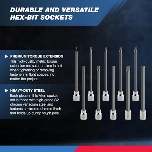Neiko 10077A 3/8” Drive Metric Extra Long Allen Hex Bit Socket Set | 10 Pieces | Sizes 3mm – 10mm | Shaft Length 6” | Premium S2 Steel Bits | Heavy Duty Cr-V Sockets | Exceeds ANSI Standards - style: Metric