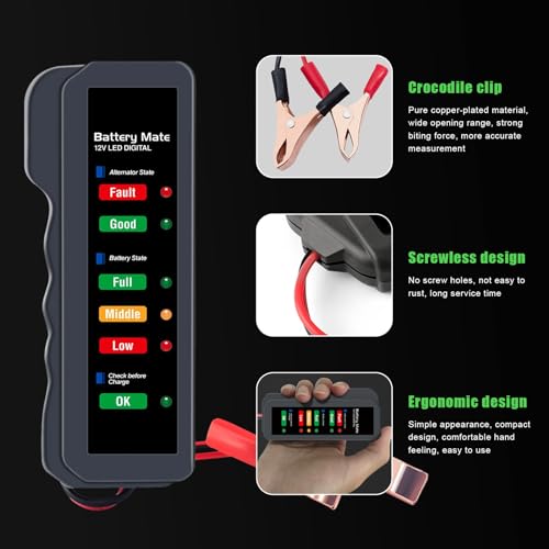 12V Car Battery Tester, Automotive Digital Battery Alternator Tester with LED Indication, Detector Checker to Test Battery Condition & Alternator Charging, Car Accessories