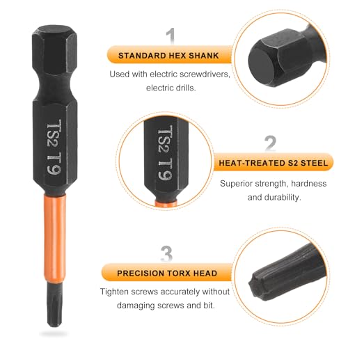 HARFINGTON 3pcs T9 Torx Head Screwdriver Bit 2" (50mm) Long 1/4" Hex Shank Magnetic No Hole Tamper Proof 6 Point Star Screw Driver Drill Bits Phosphate S2 Steel Industrial Power Tools - size: T9 x 50mm
