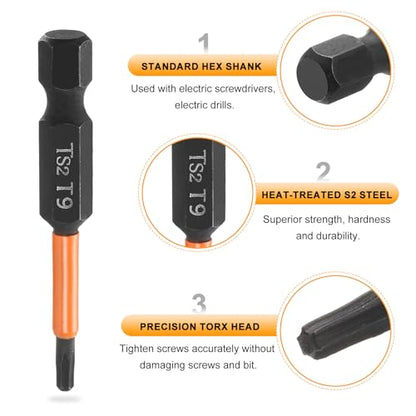 HARFINGTON 3pcs T9 Torx Head Screwdriver Bit 2" (50mm) Long 1/4" Hex Shank Magnetic No Hole Tamper Proof 6 Point Star Screw Driver Drill Bits Phosphate S2 Steel Industrial Power Tools - size: T9 x 50mm