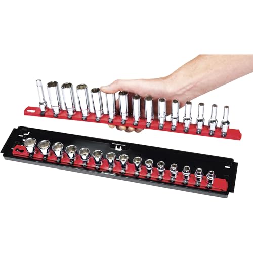 Ernst Manufacturing 18-Inch Socket Boss 2-Rail 1/2-Inch-Drive Socket Organizer with Twist Lock Secure Hold and Toolbox Drawer Tray, Red - Made in USA - color: Red, size: 1/2"