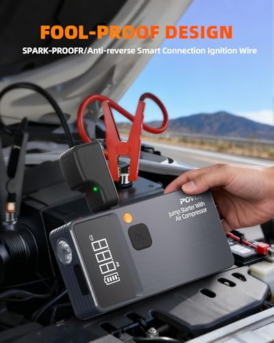 Car Battery Jump Starter with Air Compressor,8000mAh Battery Jump Box with Tire Inflator,Jump Booster with Smart Jumper Cables,LED Light Emergency Kits for Vehicles,Arrancador Ae Batería