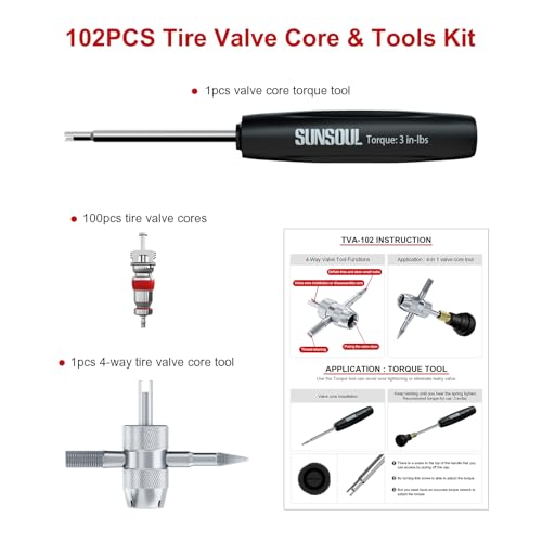 SUNSOUL 102PCS Schrader Tire Valve Cores with 4-Way Valve Core Removal Tool | Easy to Install, Nickel Plated Surface, 100% Leakage Tested, Max 300 PSI, Fits Car, Motorcycle, ATV, RV, Bicycle