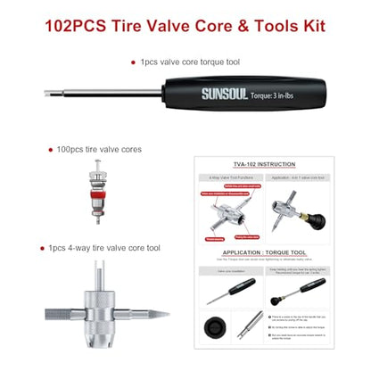 SUNSOUL 102PCS Schrader Tire Valve Cores with 4-Way Valve Core Removal Tool | Easy to Install, Nickel Plated Surface, 100% Leakage Tested, Max 300 PSI, Fits Car, Motorcycle, ATV, RV, Bicycle
