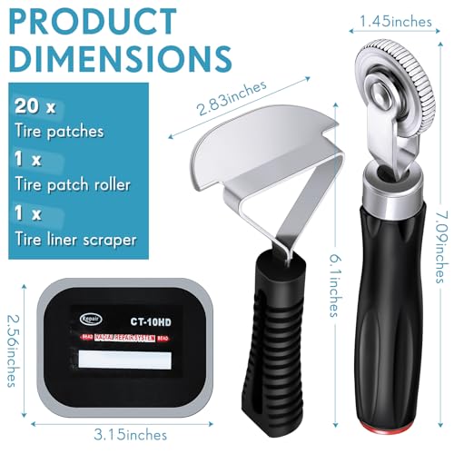 Pushglossy 22 Pieces Tire Repair Patch Tool Kit Including 2.56 x 3.15 Inch Square Rubber Tire Patches, Tire Patch Roller and Inner Liner Scraper for Auto Car Truck Motorcycle Bike Tire Repair Tool