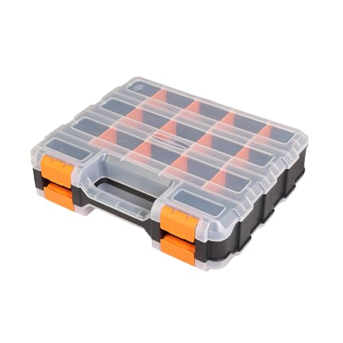 Jack Boss Tool Box with Transparent Lid, Double Side 34-Compartments Organizer Box with Removable Dividers for Hardware, Screws, Bolts, Nails, Beads, Jewelry and Fishing Accessories, Orange, 1 Pack - color: Orange, size: 1 PACK