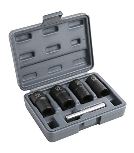 ARES 59013-5-Piece Damaged Lug Nut Remover Socket Set - 17, 19, 21, and 22mm Sockets, 12mm Steel Bar – Twist Lug Nut Extractor Tool– Storage Case