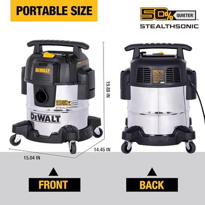 DEWALT 5 Gallon 4 HP STEALTHSONIC Shop Vacuum Wet and Dry DXV05S-QTB with 6 Dust Bags Ultra Quiet Stainless Steel Wet/Dry Vacuum Cleaner with Powerful Suction for Garage, Jobsite, and Workshop