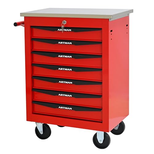 7 Drawers Tool Cart on Wheels with Stainless Steel Worktop, Heavy Duty Mobile Rolling Drawer Tool Chest with Locking Wheels & Lockable Drawers, Garage Tool Storage Cabinet (Red, 7 Drawers) - color: Red, size: 7 Drawers 22.2"Wx13.6"Dx30.7"H
