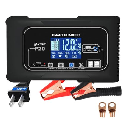20 Amp Lithium Battery Charger 12V 24V LiFePO4 Battery Charger, Trickle Charger for Car Battery Motorcycle Lawn Mower Marine Boat, Battery Maintainer for Lead Acid (AGM/Gel/SLA...)