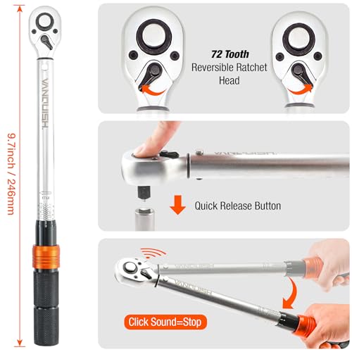 Vanquish 1/4-inch Drive Torque Wrench with 4" Extension Bar and 1/4" to 3/8" Adapter, 72-tooth, 40-220 IN.LB/4.5-24.8 Nm, ±3% High Precision, 1601AM - size: 1/4-inch Drive