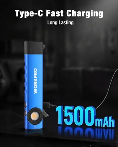WORKPRO Rechargeable Work Light, 600 Lumens Flat Pocket Flashlight with UV Light, Magnetic Base & Clip, Slim LED EDC Flashlight for Garage, Camping, Home, and Emergencies - color: Blue