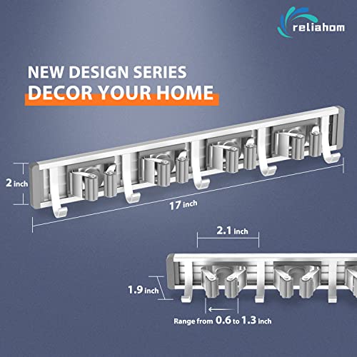 reliahom Broom Holder Wall Mount Mop Hanger Tools organizer 4Racks 5Hooks | Adjustable Mop Broom Wall Hanging Heavy duty Tools Storage Rack Space-saving for Garage,Kitchen,Laundry Room,Garden, Silver - color: Silver